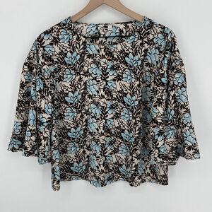 Elizabeth And James Womens Top Size S Blue Beige Floral Bell Sleeve Blouse